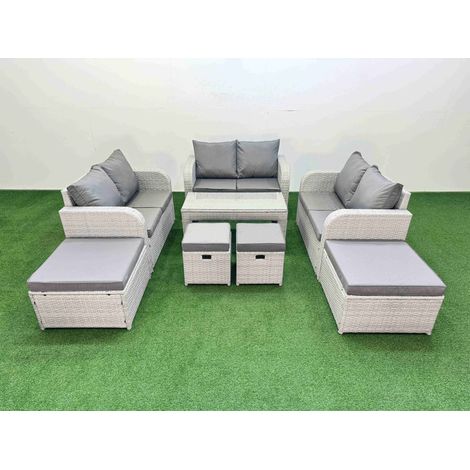 Fimous PE Wicker Rattan Furniture Sofa Sets with Oblong Coffee Table Love Sofa 4 Stools Light Grey Mixed (1/4)