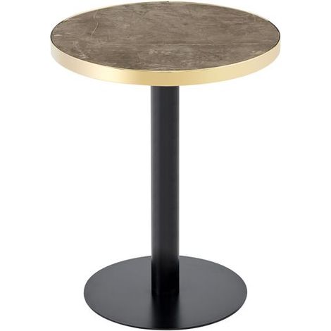 Table design rond moderne plateau effet marbre bordure dorée piétement métal noir et doré (1/5)