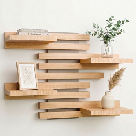 Étagère Murale Modulable Bois Massif Tasseaux Design (Sauge) Tablette flottante décoration cocooning maison, chambre, cuisine, salon, salle de bain. Petite bibliothèque, plantes, épices. (1/5)