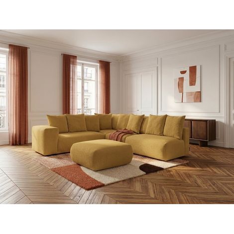 BOBOCHIC - Canapé d'angle fixe modulable VOLTAIRE avec 2 chauffeuses 2 places, 1 angle et 1 chauffeuse 1 place tissu chiné avec pouf Angle gauche Jaune (1/5)