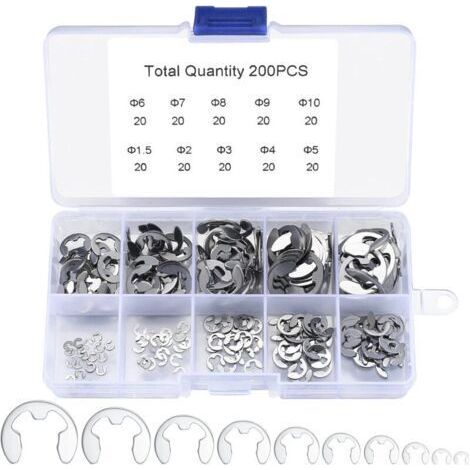 FENOPLASTICALot de 200 E-Clips en acier inoxydable Anneaux de retenue externes 1,5 à 10 mm Résistants à la rouille pour applications industrielles (1/4)
