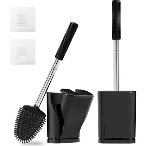Brosse de toilette en silicone, brosse de toilette noire, brosse de toilette plate avec support, brosse de toilette suspendue avec trou, brosse de toilette murale avec manche en acier inoxydable