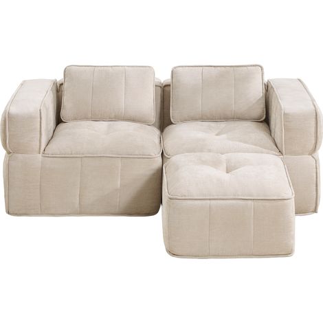 Canapé modulable 2 places beige avec pouf, mousse haute densité 32D, assise profonde, canapé d’angle pour salon et appartement (1/5)
