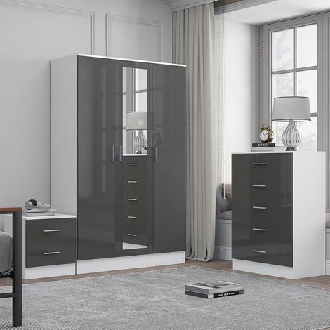 Reflect 3 Door Mirror Wardrobe, 5 Drawer Chest, 2 Drawer Bedside - Grey Gloss & Matt White - Modern Bedroom Furniture Set