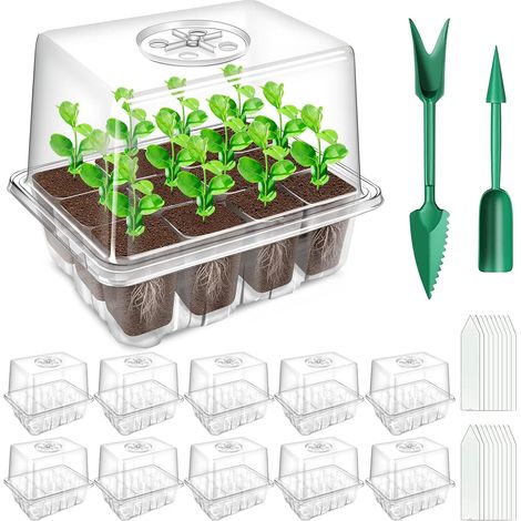 10 Pièces - Plateau Semis - Mini Serre - Couvercle Réglable Humidité - Matériau PVC 0,8mm - Pour Fleurs Légumes Herbes - Transparent - 3,7x3,7x5,5cm