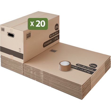 Lot de 20 cartons déménagement XL 80 x 40 x 40 cm – Poignées renforcées – 128 litres pour objets volumineux – Pack And Move