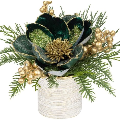 Kunstpflanze Weihnachtsdeko Keramiktopf Gestecke Magnolie Dunkelgrün (1/5)