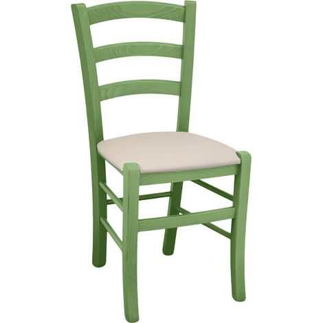 Silla de madera verde Venecia con asiento en piel sintética beige