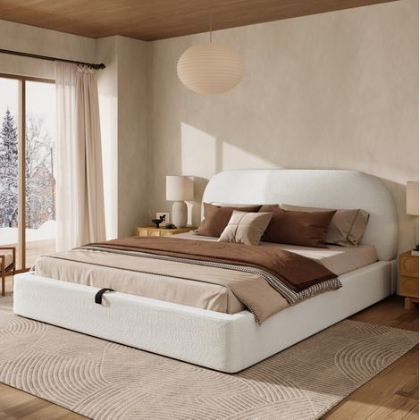 Lit double rembourré beige en bouclé 180x200 cm avec tête de lit, sommier à lattes et coffre hydraulique (1/5)