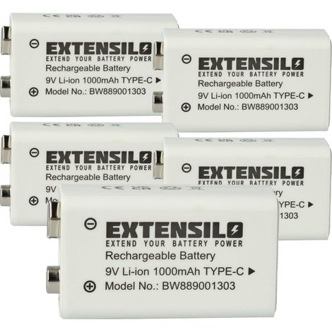EXTENSILO 5x 9V-Akku Block kompatibel mit Daitem DC270, DC271, D21, DC272 (1 Ah, 9 V, Li-Ion), ready-to-use, mit USB-C Buchse