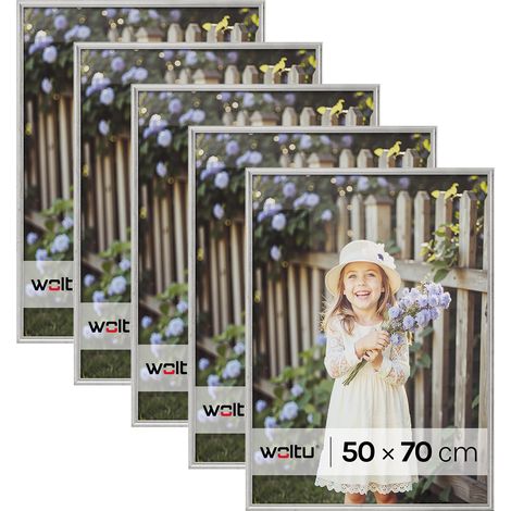 Lot de 5 Cadre Photo 50x70 cm WOLTU, Cadre en Bois Massif, Décoration Murale ou sur Table, avec Passe Partout, Argenté