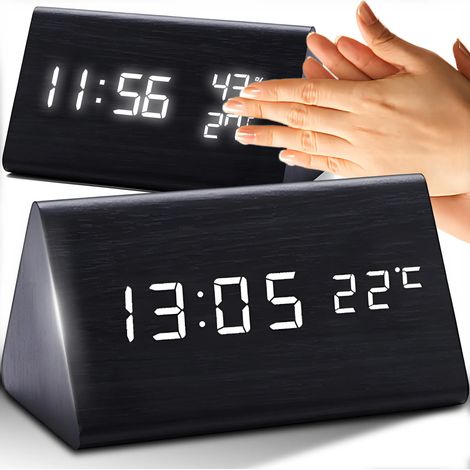 Reloj de pared digital LED con fecha, visualización de 12/24 horas, interfaz USB, indicador de temperatura, carcasa de madera regulable para el hogar/oficina. (1/5)