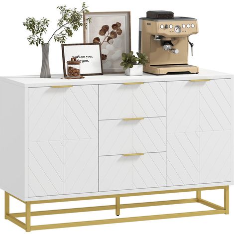 Buffet de rangement HOMCOM 120 cm, meuble cuisine design blanc et doré, 2 portes placard, étagères réglables, 3 tiroirs coulissants, bois et métal, style contemporain (1/5)