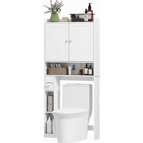 Meuble WC dessus de toilette ou machine à laver, 2 portes, 3 compartiments, porte-papier toilette, 80x19,5x170cm, blanc