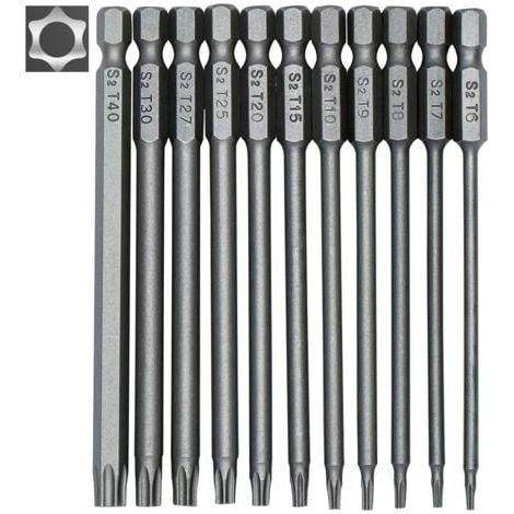 Set mit 11 langen Torx-Bits für Schraubendreher und Bohrmaschinen – Magnetische Bits – 1/4"-Sechskantschaft – Größen T6 bis T40 – Länge 100 mm