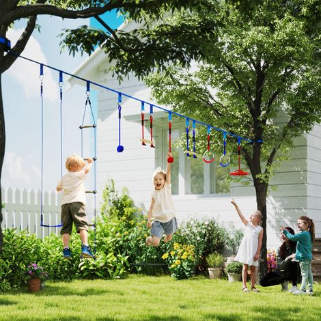 Parcours d'obstacles ninja pour enfants 10 accessoires 10 m slackline et sac de transport. bleu