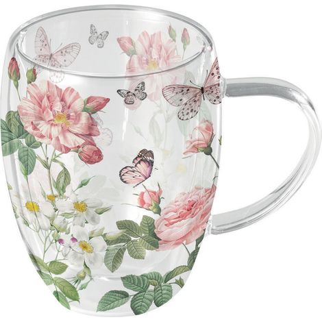 Tasse à thé en verre double paroi papillons et fleurs romantique