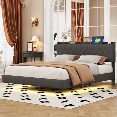 Cama 160x200 cm gris tapizada en tela con LED, USB, almacenaje y somier de lamas (1/5)
