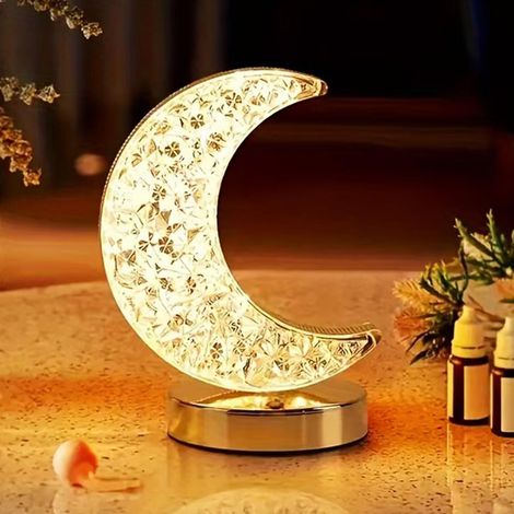 Lampe de Table Cristal,Contrôle Tactile 3 Couleurs,Rechargeable USB,Veilleuse Déco pour Chambre,Salon,Décoration Intérieure Lune (1/5)