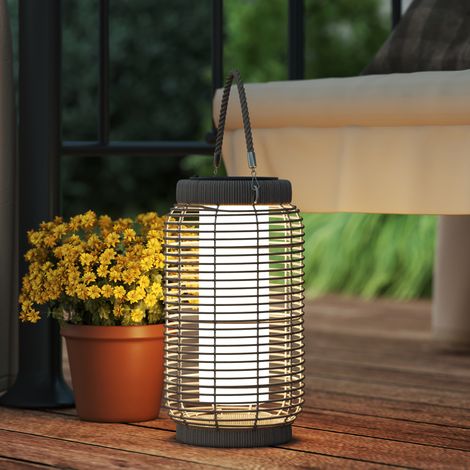 Lampadaire d'extérieur solaire en résine tressée luminaire LED de jardin en acier marche/arrêt automatique gris