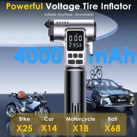 Gonfleur Pneus Voiture sans Fil, Compresseur à Air Portatif 4000mAh,150PSI, avec éclairage LED, Marteau de Sécurité, 5 Modes,Compresseur Voiture Rechargeable pour Moto, Vélo, Voitures (1/5)
