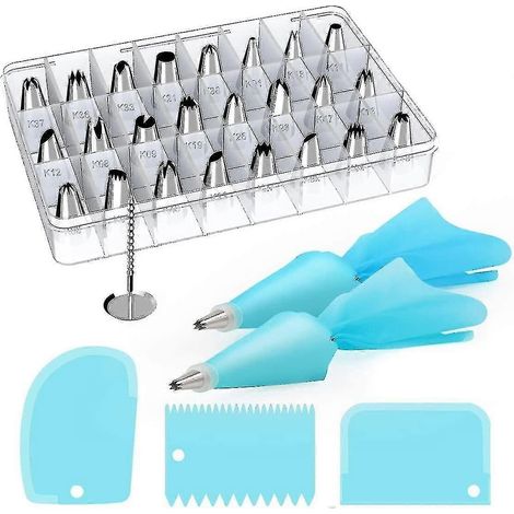 Ensemble de 32 poches à douille et douilles, comprenant 24 douilles à pâtisserie, 2 poches à douille réutilisables de 30 cm et 2 douilles réutilisables. Kit de décoration de gâteaux pour la pâtisserie (1/4)