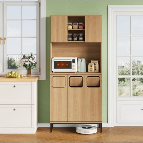 Armario de cocina 80x35x181 cm natural en MDF con 3 compartimentos para reciclaje y espacio para microondas (1/5)