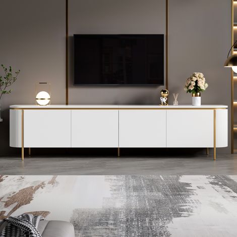 Meuble TV 180 cm avec 6 portes sans poignées, façades rainurées, extrémités arrondies, passe-câbles, pieds métal, MDF blanc pour salon (1/5)