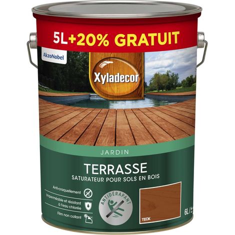 Saturateur pour Sols Extérieurs en Bois - Terrasses, Abords de Piscine, Caillebotis - Antidérapant - Couleur : Mat Teck - Quantité : 5L + 20% gratuit (1/5)