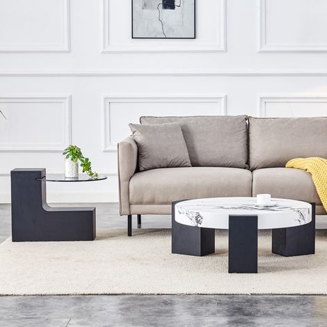 Table de chevet ronde double couche, plateau verre gris et MDF noir en L. Aspect marbre blanc, démontable pour une utilisation flexible