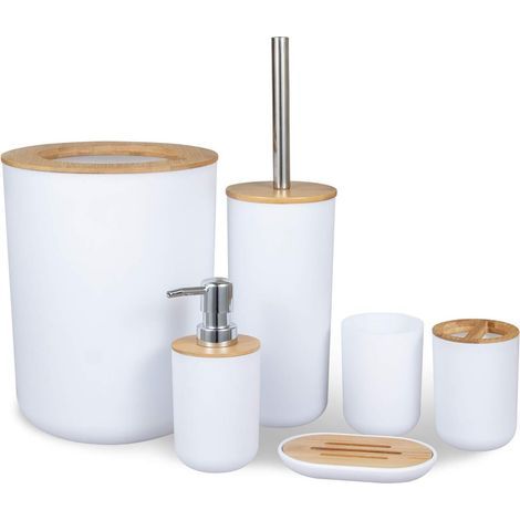 Set Accessoires Salle de Bain, 6 Pièces Accessoire pour Salle en Bambou avec Distributeur Savon, Porte Brosse à Dents, Brosse Toilettes WC, Porte Savon, Poubelle(40L) et Gobelet Brosse à Dent (1/5)