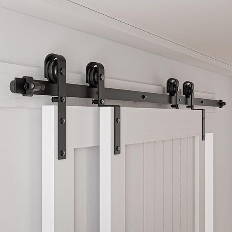 6FT/183CM Rail Porte Coulissante Systeme Quincaillerie Ensemble Industriel pour Bypass Double Portes Interieur Facile à Installer, Forme J noire (1/5)