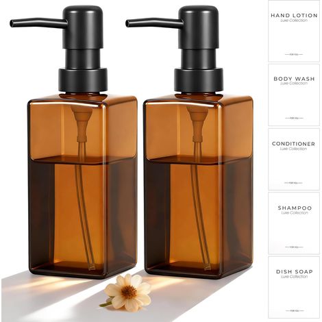 2 pcs distributeurs verre ambre 350 ml pompe + étiquettes, shampoing/cuisine/salle de bain