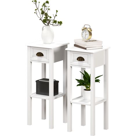 Lot de 2 tables d'appoint chevet sophistiquées avec tiroir et étagère, 30x30x75 cm, blanc (1/5)