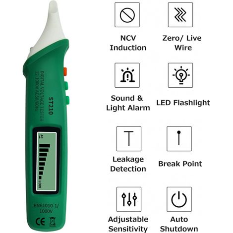 Lápiz digital sin contacto para medir la tensión alterna (12V-1000V), detector NCV portátil, sensibilidad ajustable, linterna, detección de fase/cero, detección de rotura y alarma sonora.