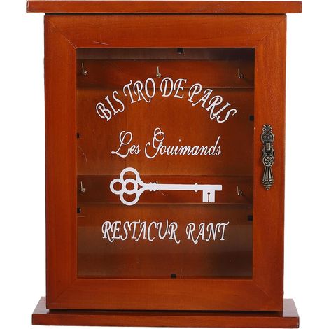 Boîte à Clés Murale Marron en Bois et Verre, Vintage (1/5)