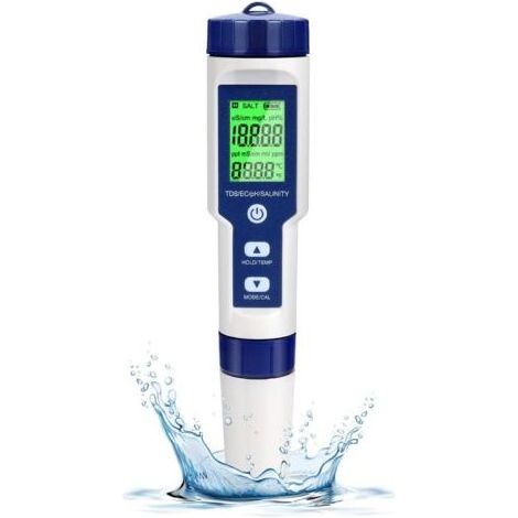Tester PH Tester Elettronico Piscina di Acqua 5-in-1 con retroilluminazione, PH/TDS/CE/Salinità/TempmèTre con ATC PH-Metro ad Alta Precisione Risoluzione 0.01, per Acqua Potabile, Acquario, Terme (1/5)