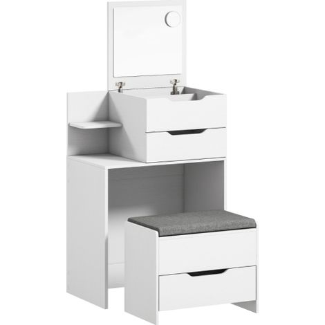 Coiffeuse blanche avec miroir rabattable, miroir grossissant, tiroirs de rangement et tabouret rembourré (1/5)