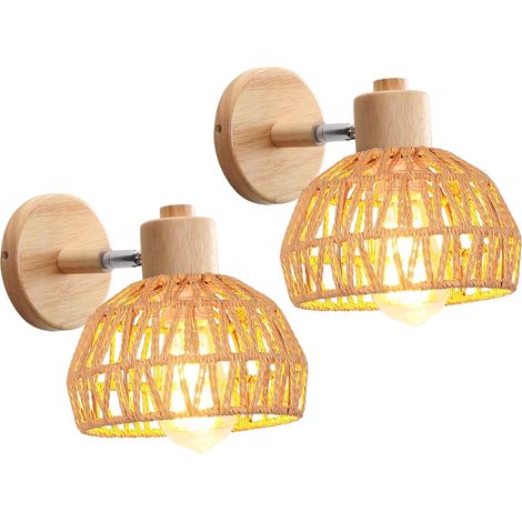 Lot de 2 Applique Murale, Bois et Rotin, Angle Réglable 180°, Douille E27, Pour Salon Chambre (1/5)