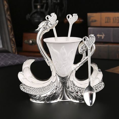 (Blanc argenté + 6 cuillères) Fourchette à fruits, fourchette à gâteau de lune, cuillère à dessert, rangement pour couverts de bureau (1/5)