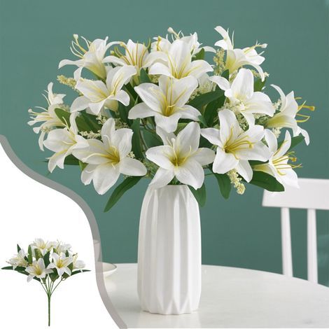 Fleurs artificielles en soie, 7 têtes de lys artificiels, bouquet de mariée, convient pour la décoration du bureau, de la maison et de la cuisine. (1/5)