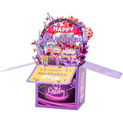 Carte d'anniversaire Joyeux Anniversaire, Boîte Cadeau Pop-Up 3D, Carte de Vœux Créative en Cadeau d'anniversaire, pour Enfants et Adultes Femmes & Hommes (violet)