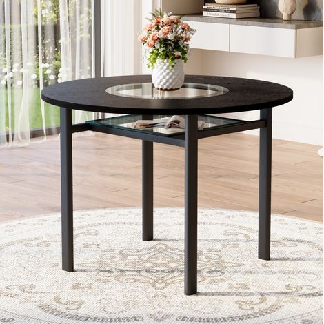 Mesa de comedor redonda 100 cm negra en MDF, vidrio y metal con estante inferior y gran estabilidad (1/5)