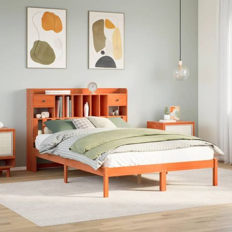Lit bibliothèque sans matelas cire marron 160x200 cm pin massif