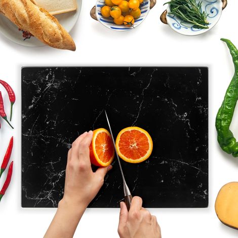 Planche à Découper 40x30cm en Verre Trempé - Plaque en Verre pour Cuisine, Durable, Résistante aux Rayures et à la Chaleur - Protection de Plan de Travail - Effet Marbre Noir (1/5)