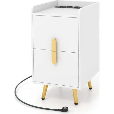 COSTWAY Mesita de Noche con Estación de Carga, 2 Puertos USB Y 3 Salidas, Mesillas de Noche Dormitorio con 2 Cajones, Mesa de Noche Dormitorio Sala, 40 x 32 x 60 cm (Blanco) (1/5)