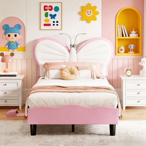 Lit simple capitonné 90x190cm, lit enfant 90x190cm avec tête de lit en forme de papillon, Lampe de lecture intégrée, Sommier à lattes, Velours, Rose (1/5)