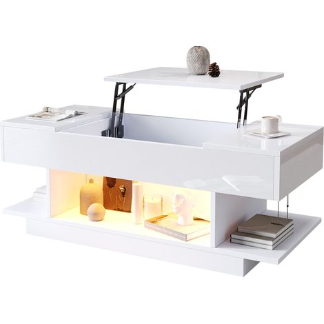 Mesa de Centro Elevable con 2 Compartimentos Abatibles y 4 Huecos, LED, para Salón, Tablero de Partículas, Blanco, 98 × 45 × 40 cm (1/5)