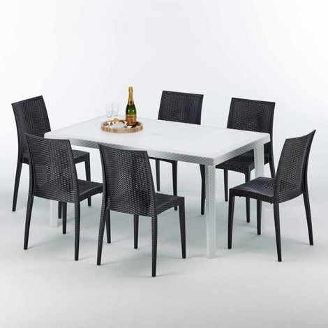 Table Rectangulaire Blanche 150x90cm Avec 6 Chaises Colorées Grand Soleil Set Extérieur Bar Café Bistrot Summerlife - Noir (1/5)
