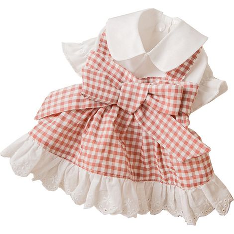 1 robe pour chien et chat, à carreaux roses, manches à volants, nœud papillon, bordure en dentelle, taille S/M/L/XL (1/5)